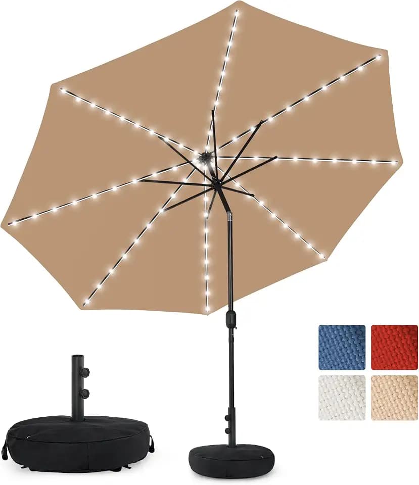 Sundale Outdoor Olefin 80 LED 9 FT Solar Patio Umbrella with Base, Tan