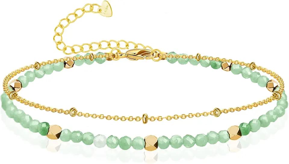 Gold Ankle Bracelet for Women Waterproof, Dainty Natural Stone Bead Anklet Adjustable Double Ankle Chain Summer Beach Boho Foot Jewelry Anniversary Birthday Gift