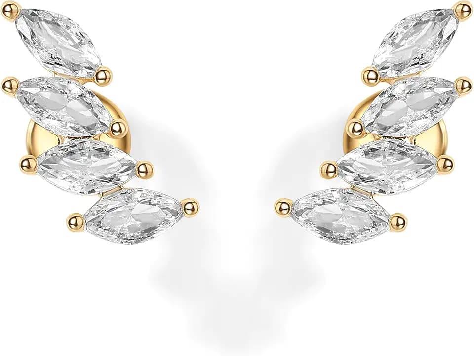 PAVOI 14K Gold Plated Navette CZ Crawler Stud Flat Back Earrings for Women