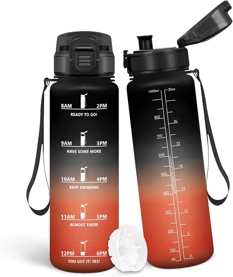 Trinkflasche Sport 1000 ML, BPA-frei, Auslaufsicher, Wasserflasche, Motivierende Sprüche, Zeitmarkierungen, Trinkflasche Kohlensäure Geeignet für Urlaub, Kohle Schwarz & Tomatenrot