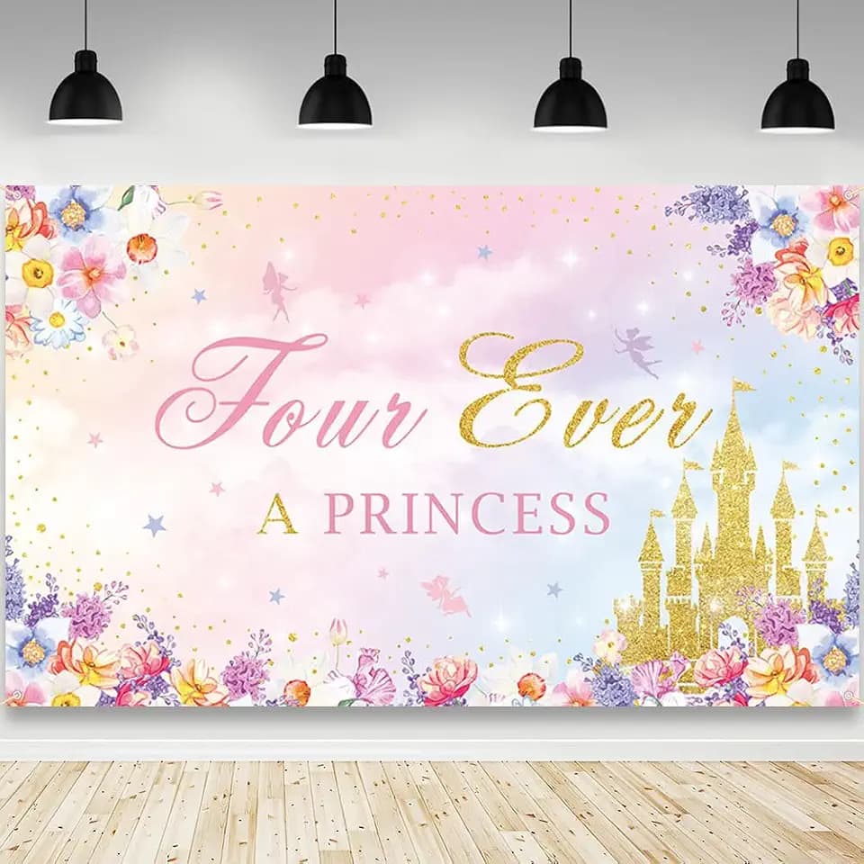 AIBIIN Four Ever A Princess Birthday Decorations Backdrop Banner 6x3.6ft
