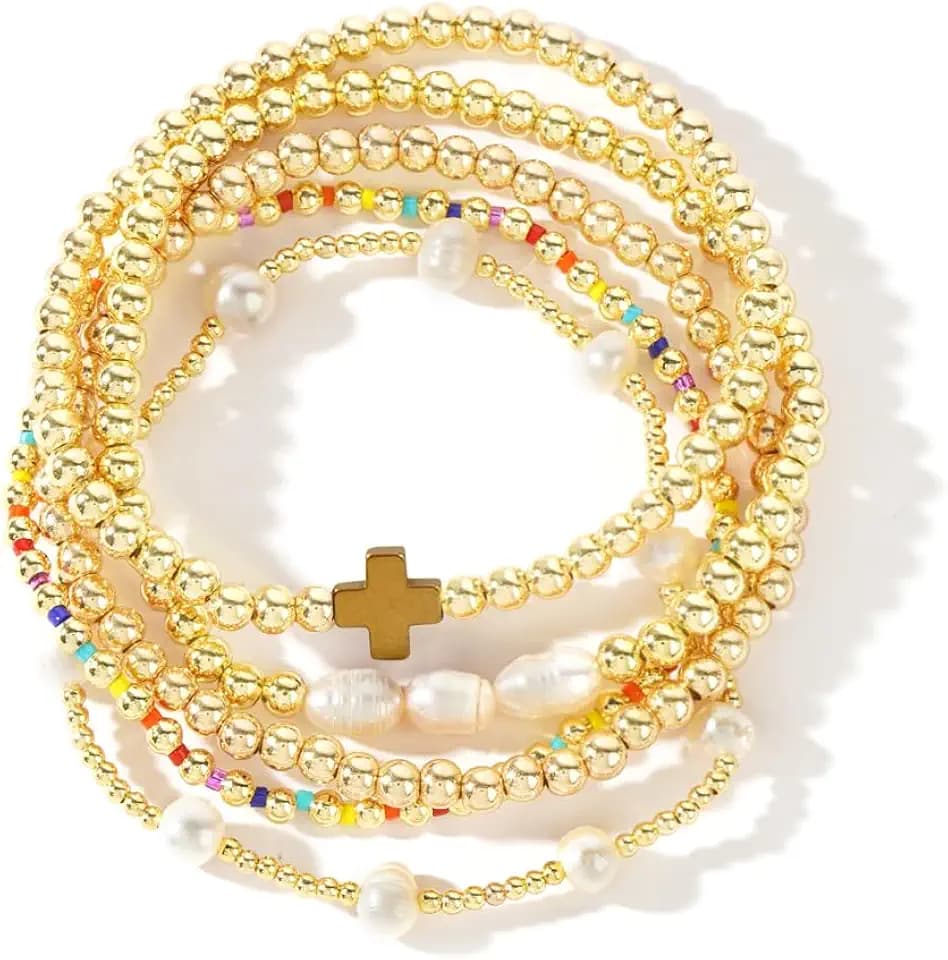 14K Gold Plated Pearl Beaded Cross Bracelets Stack Set for Women,Stretch Boho Colorful Christian Beads Ball Jewelry Friendship Summer Trendy Gift
