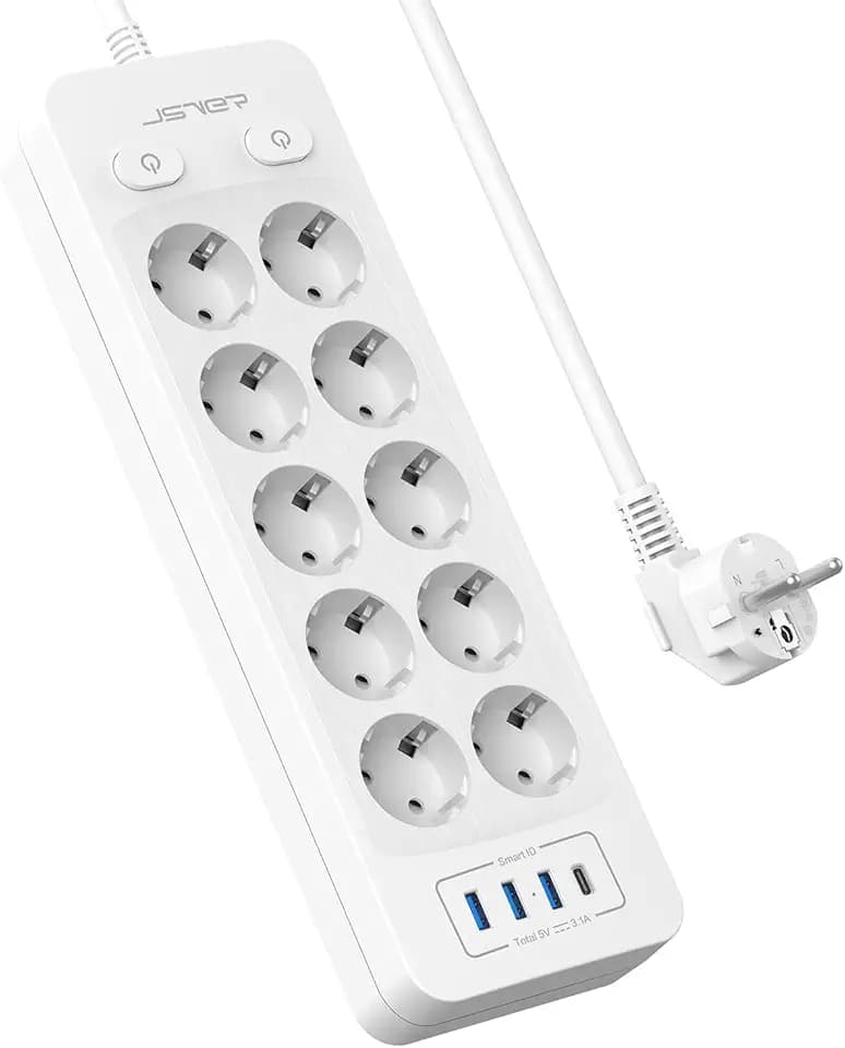Mehrfachsteckdose 3680W 16A, JSVER 10 Fach Steckdosenleiste USB C, Steckerleiste mit 4 USB(15,5 W) Steckdosenturm mit 2M Kabel für Zuhause,Weiß