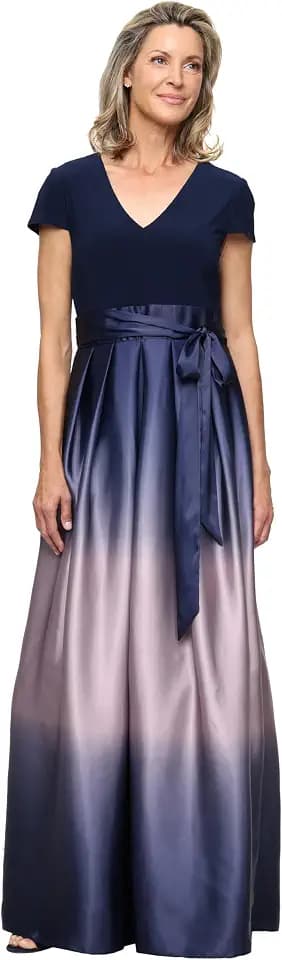 S.L. Fashions Women's Cap Sleeve Long Satin Ombre Mother of The Bride Dress with Pockets, Formal Party Gown