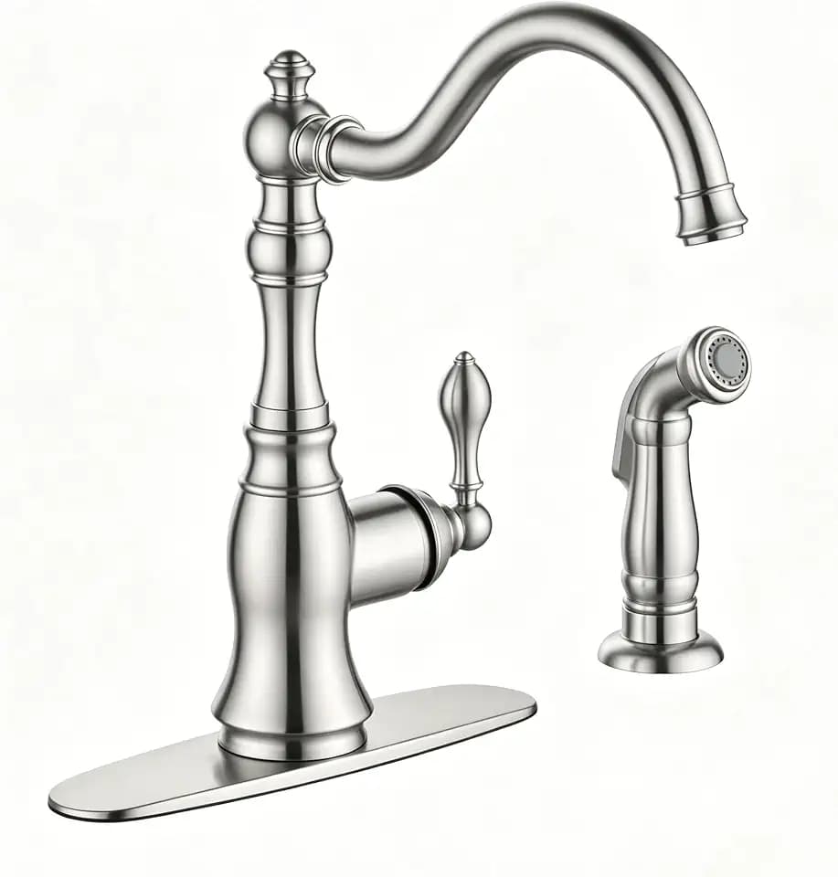 Brushed Nickel Single Handle Kitchen Faucet with Side Spray, 2 or 4 Holes