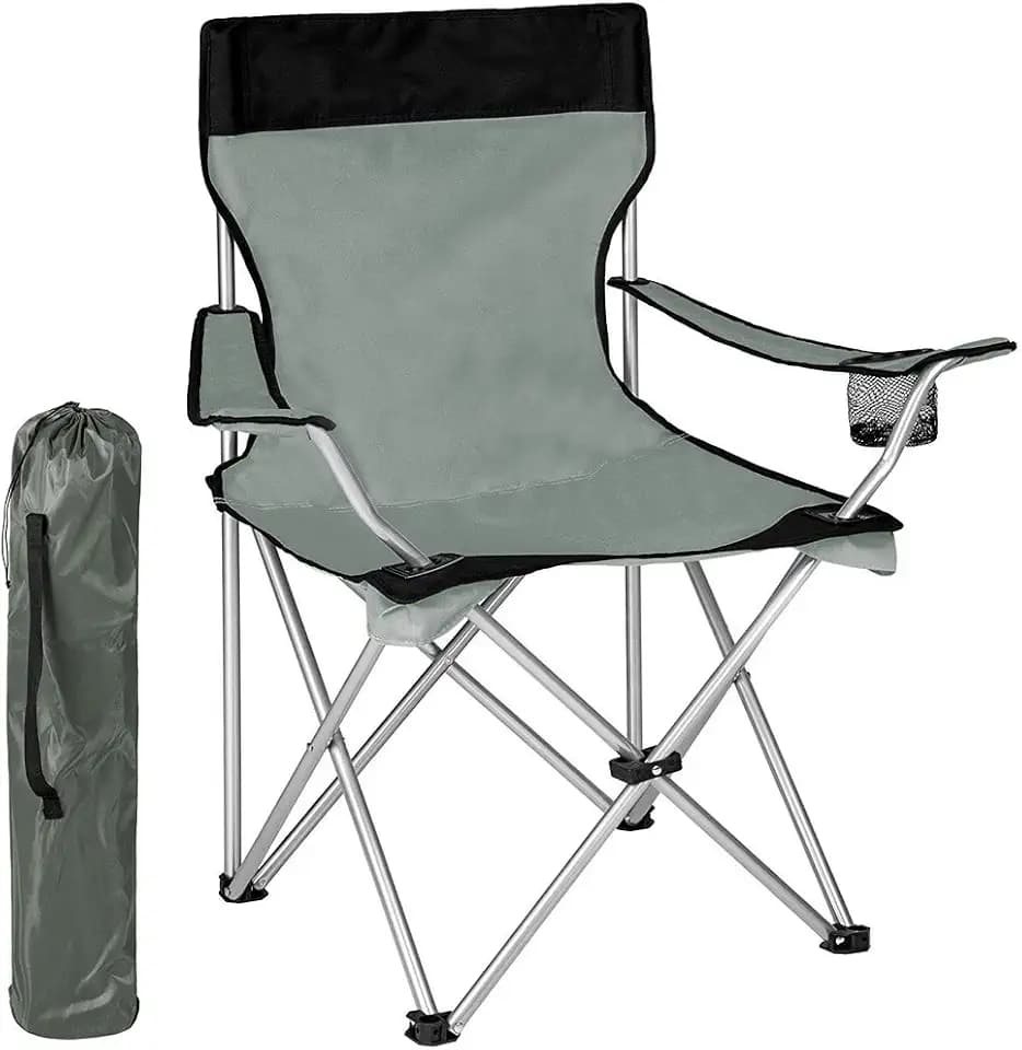 BAKAJI Camping Stuhl mit Tasche Camping Sea Beach Chair Outdoor Angeln Edelstahl und Polyester mit Tür Fach Getränke und Smartphones (Grau)
