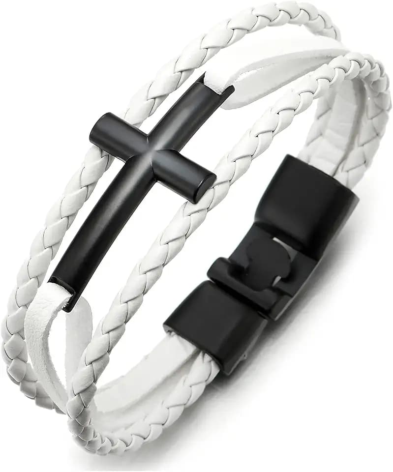 COOLSTEELANDBEYOND Unisex Braided Leather Bracelet, Black Sideways Cross Stainless Steel Wristband, Religious Jewelry Gift