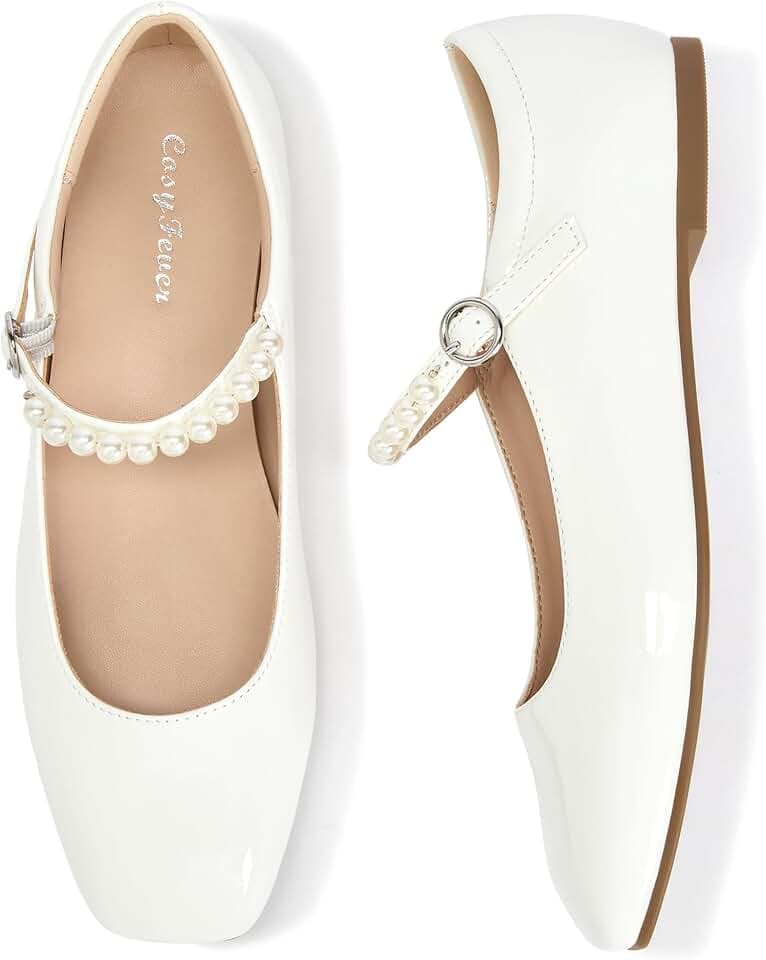 CosyFever Women's Pearl Strap Mary Jane Flats, Wedding Guest & Party Shoes