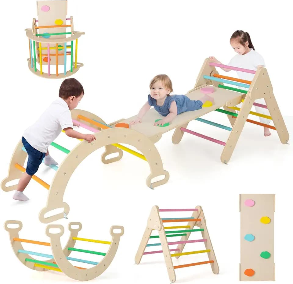 FANTASK 4 in 1 Klettergerüst mit rutsche, Kletterdreieck Holz inkl. doppelseitige Rampe & Kletterboge & Wippen, Sprossendreieck Spielplatz für Kinder ab 1 Jahr, Bunt
