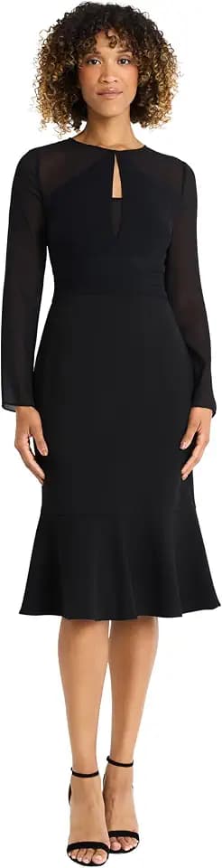 Maggy London Women's Women's Long Sleeve Midi Dress - Sheer Sleeves Keyhole Neckline Ruched Bodice - Elegant Formal Dresses