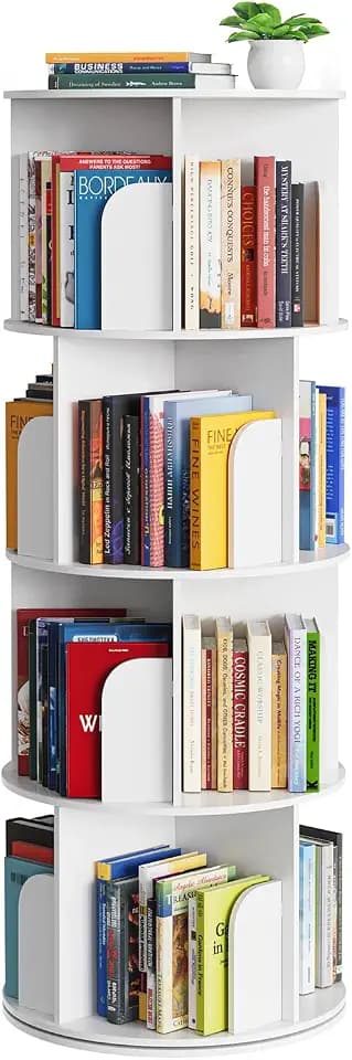 SpaceAid Cross Style 4 Tier Rotating Bookshelf, Spinning 360 Bookcase Lazy Susan Tower, Vertical Revolving Books Shelf Storage Round Carousel Space Saving Organizer, White