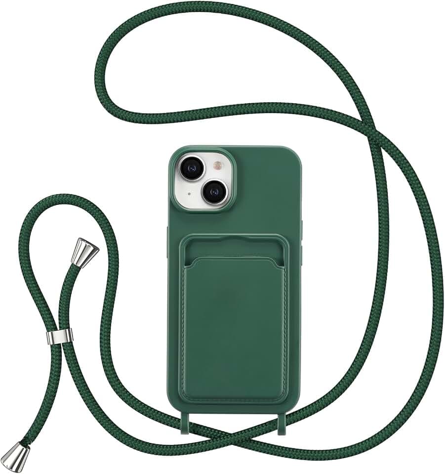 ZTOFERA Handykette Hülle für iPhone 15 mit Kartenhalter, Liquid Silikon Handyhülle mit Umhängeband, Schutzhülle mit Band Kordel zum Umhängen Necklace Hülle für 15, Dunkelgrün
