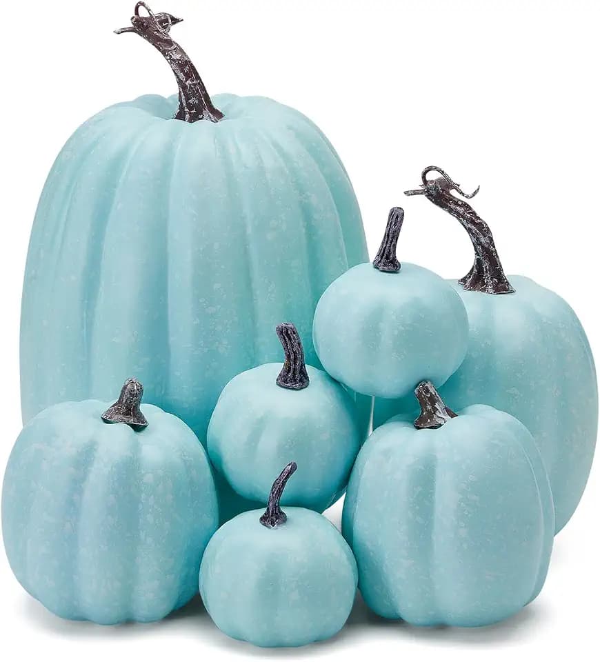 Autumn Pumpkin Decoration 7PCS Artificial Pumpkin Country Style foam Pumpkin Light Luxury Ornaments Fireplace Table Decoration Applicable to Halloween Harvest Day Thanksgiving Day (Light Blue)