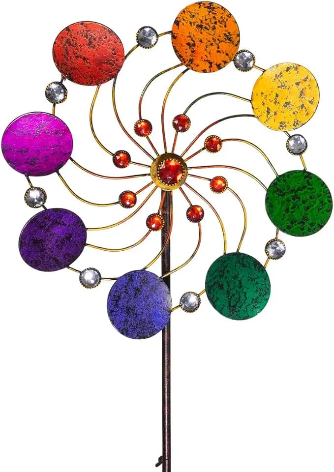 CIM Metall Windrad - Exotic Flower Rainbow - Ø34cm - Gesamthöhe: 122cm - inkl. 3-teiligem Standstab - leichtgängig drehend