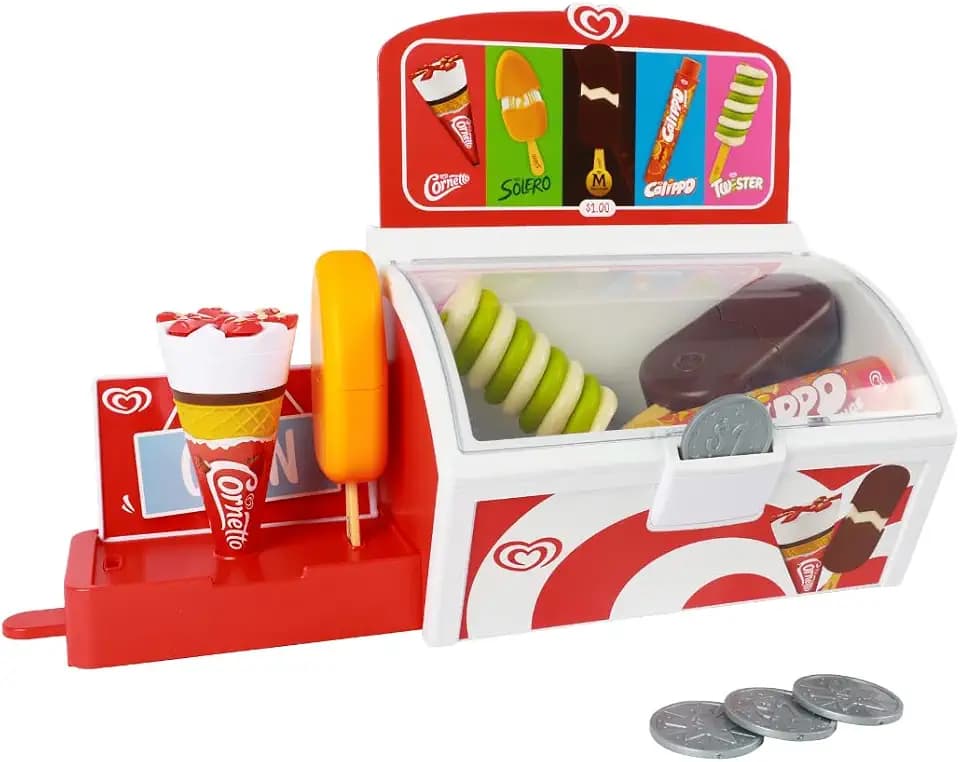 Authentische Langnese Spielzeug-Eistruhe von Casdon | Laden-Spielset für Kinder ab 2 Jahren | Mit ausziehbarer Ablage, Spielmünzen und 5 authentischen Langnese Eiscremes
