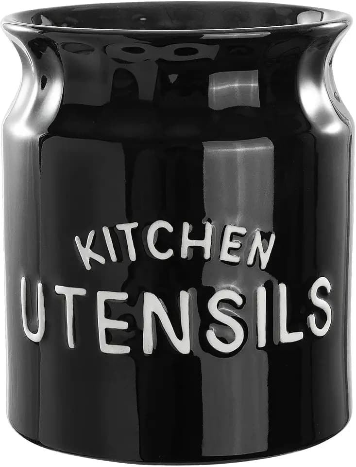 Utensil Holder, Ceramic Farmhouse Kitchen Utensil Holder for Countertop, 6.5" Large Cooking Utensil Crock for Kitchen Counter, Black