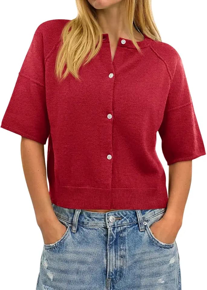 Cicy Bell Womens Short Sleeve Sweater Cardigan Casual Button Down Lightweight Cropped Ribbed Knit Tops