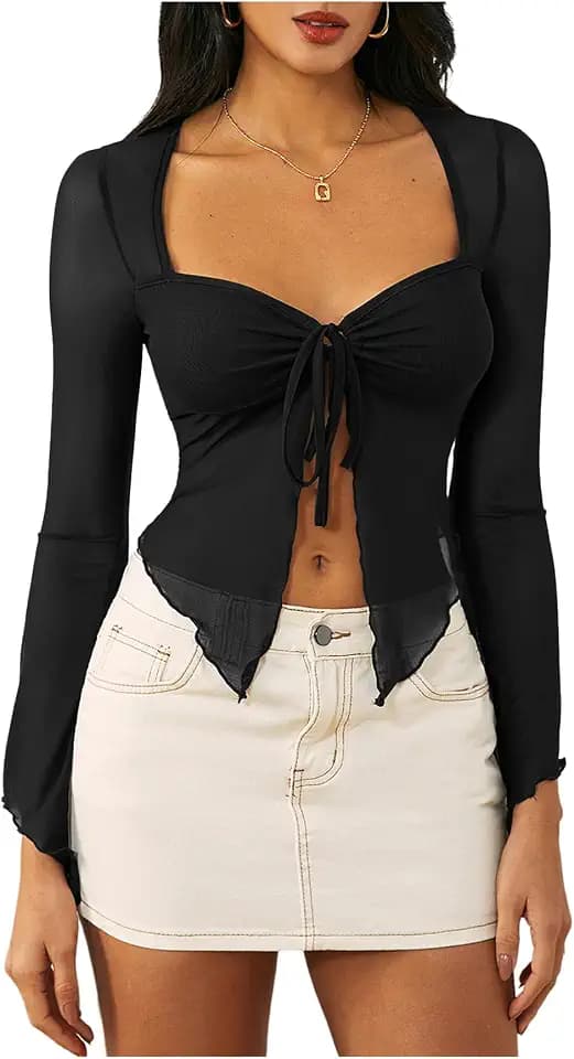 WDIRARA Women's Long Sleeve Front Tie Top Sexy Mesh Bell Sleeve Shirt