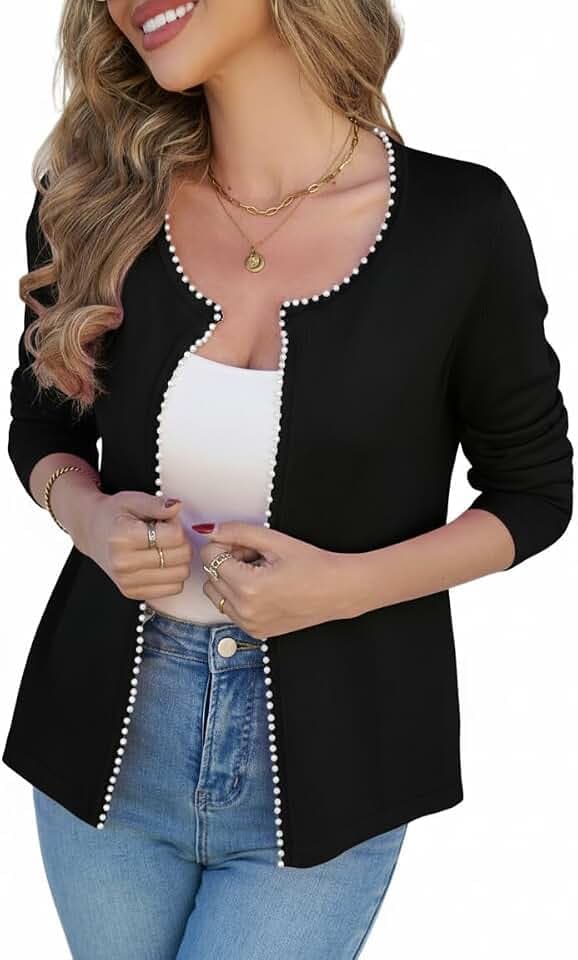 CiCiBird Women Lightweight Open Front Sweater Cardigan Pearls Trim Knit Jacket Trendy Long Sleeve Clothes Coatigan