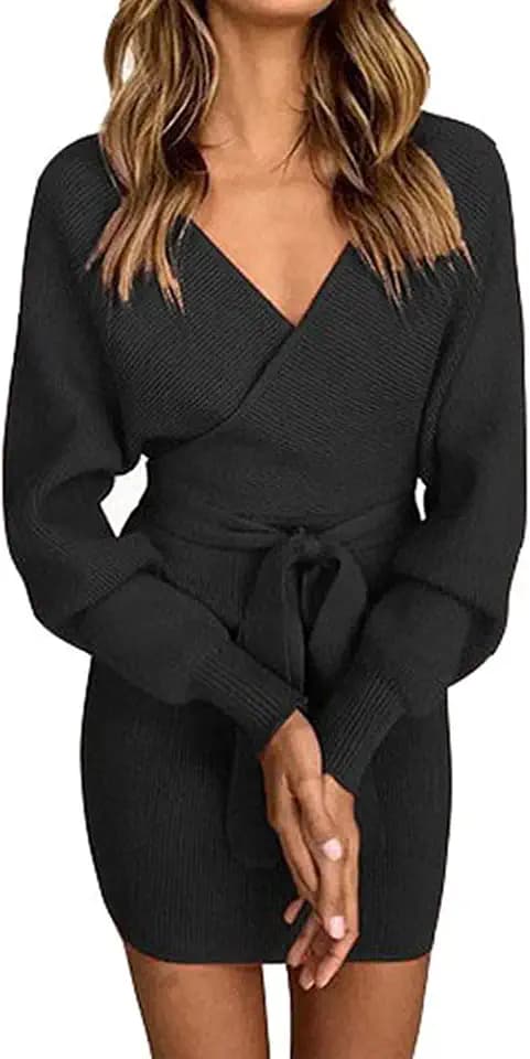 Imuedaen Pulloverkleid Damen V-Ausschnitt Elegant Strickkleid Langarm Pullover Tunika Kleid Mit Gürtel für Herbst Winter (A Schwarz, XL)