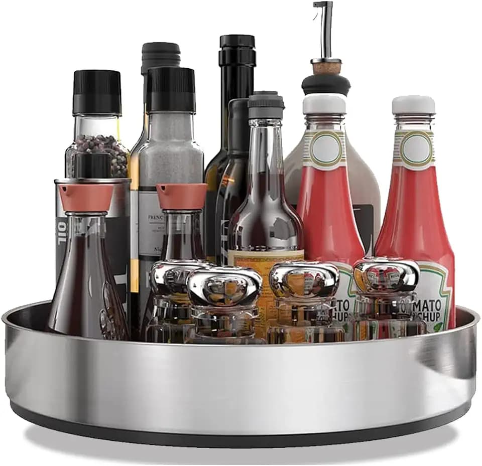 Küchen Organizer,Drehteller Organizer Küche,360 Grad Rotierender Vorratsbehälter Für Lebensmittel,Gewürzhalter aus Rostfreiem Edelstahl,Lazy Susan(Silber/25cm)