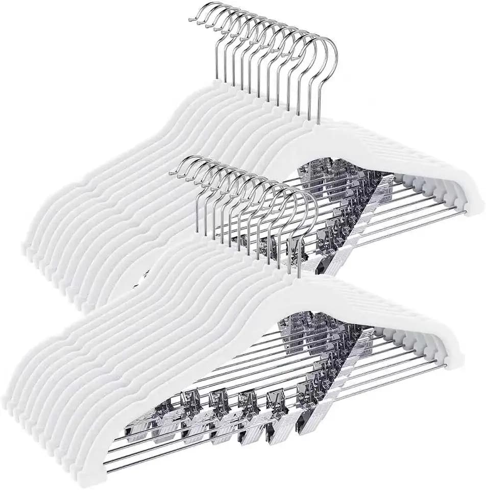 Korpai 24-Pack White Velvet Hangers with Clips Adjustable,Outfit Hangers,Heavy-Duty,Non-Slip,Space Saving, Felt Hanger for Pants, Skirts, Suits,Coats, Dresses ect.