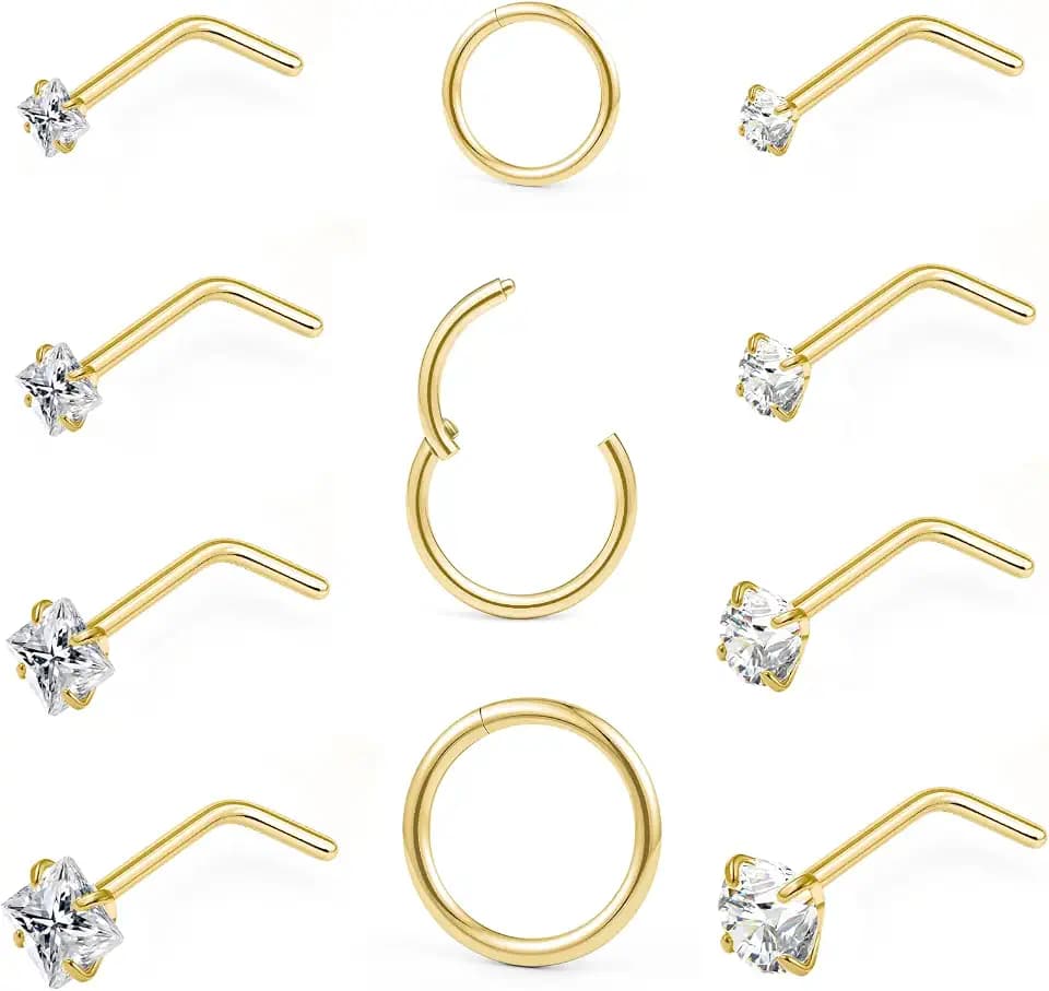 20g Nose Rings Studs and 18g Nose Rings Hoops for Women Men: Hypoallergenic Surgical Stainless Steel Threadless Corkscrew/L Shape/Straight Nose Studs Round Square Simulated Diamond CZ 1.5/2/2.5/3mm Nose Bone Studs Hinged Clicker Segment Nose Hoops Septum Nostril Piercing Jewelry 6/8/10mm 11pcs