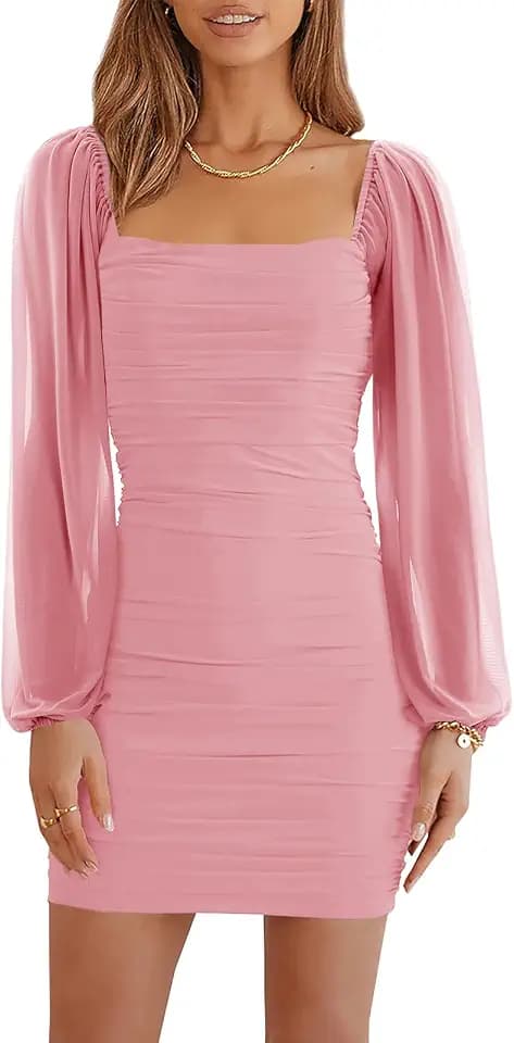 Wenrine Damen Women's Mesh Long Sleeve Square Neck Dress Weich