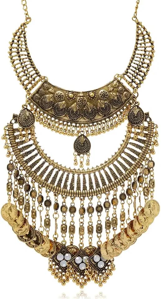 Vintage Engraved Bib Statement Necklace for Women Chunky Bohemian Ethnic Gypsy Choker Necklaces Jewelry