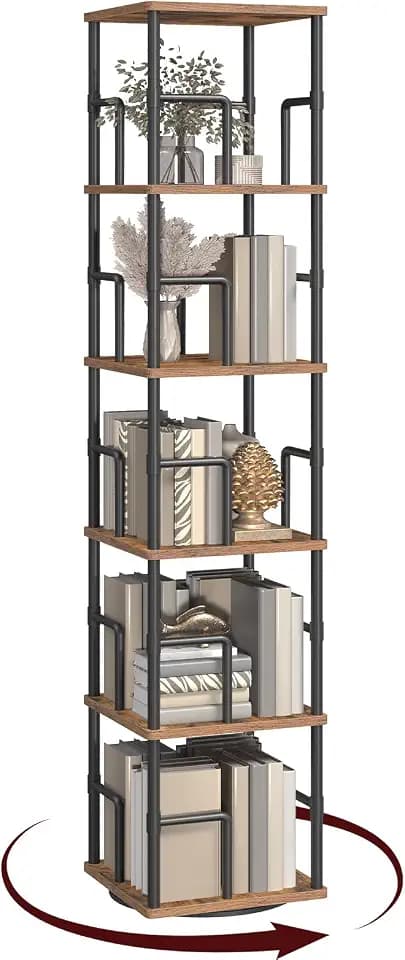 MAHANCRIS Bücherregal mit 5 Ebenen, Drehregal Regal mit Buchstützen, 30 x 30 x 158,7 cm, Standregal für Kleine Räume, Industrie-Design, für Wohnzimmer, Schlafzimmer, Braun und Schwarz ABKHR1601