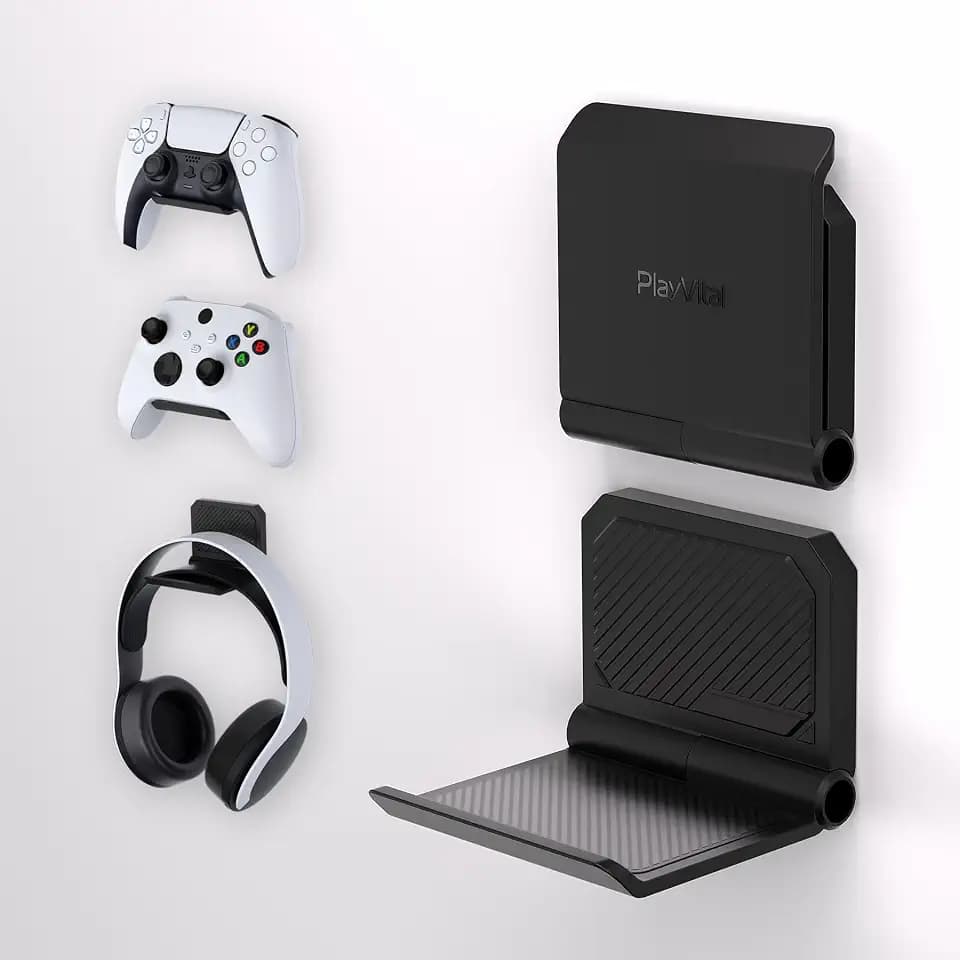 PlayVital FOLD Controller Holder Wall for ps5 ps4 Xbox Switch 2 Pro Headset, 2 Pack Universal Storage Organizer Gaming Controller Stand Headphone Mount - Foldable Anti-slip Adhesive Removable, Black