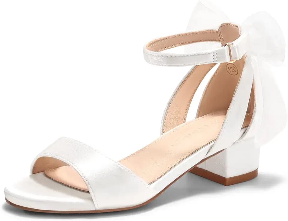 Coutgo Girls Dress Shoes Sandals Chunky Low Heels Bow Ankle Strap Flower Girl Wedding Party Shoes