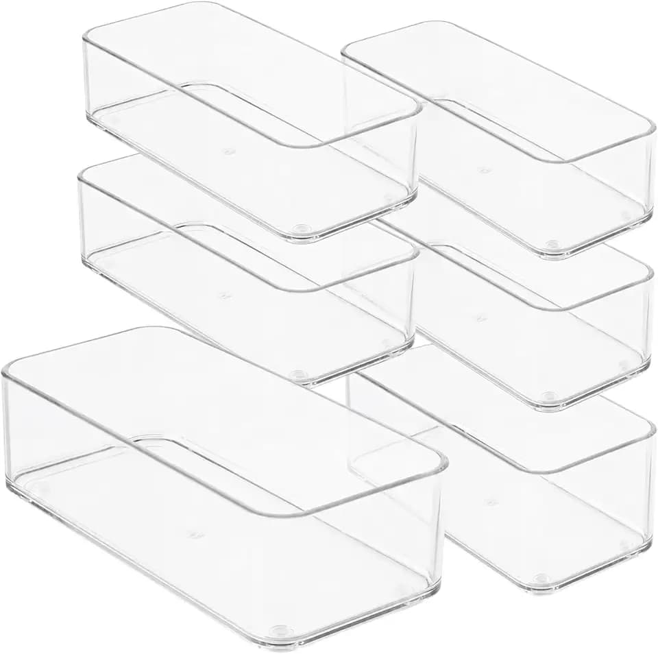 primebox Plastic Clear Drawer Organizers. Bathroom, Kitchen, Bedroom, Jewelry, Office Organizer Bins, Storage Trays. Heavy Duty, Stackable. 9" x 3" x 2" Set of 6