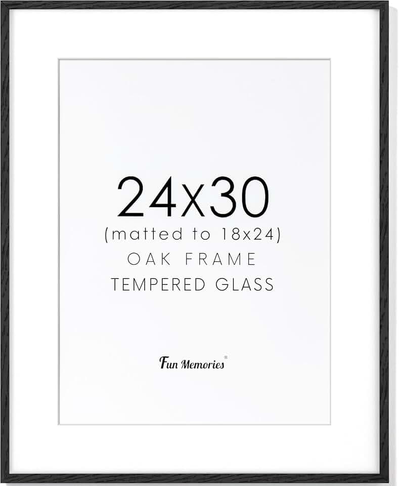 Fun Memories Black Picture Frame 24x30, Oak Wood Poster Frames 24 by 30, 24 x 30 Picture Frames with Tempered Glass, 18x24 Frame Matted to 24x30, Large Wooden Photo Frame 24x30, 1 Pack