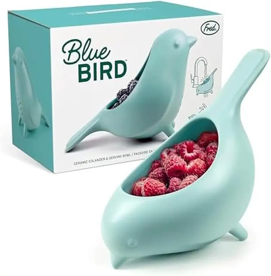 Genuine Fred BLUE BIRD Ceramic Soak-And-Serve Berry Colander
