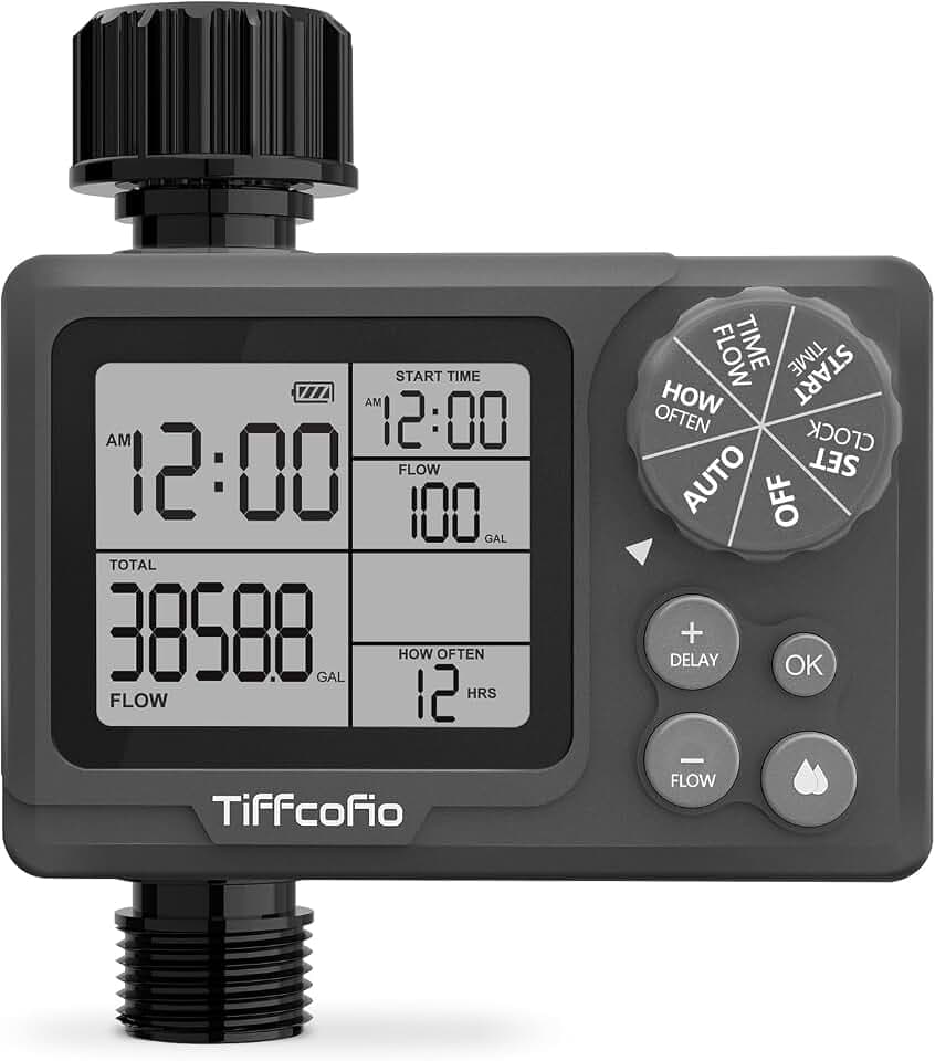 TiFFCOFiO Sprinkler Timer Outdoor, Digital Programmable for Garden Hose, Irrigrtion Timer with Rain Delay and Manual Mode (Water Volume Control, 1 Pack)