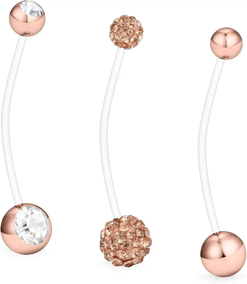 Hoeudjo 14G 1 1/2 Inch CZ Sports Pregnancy Maternity Flexible Bioplast Long Belly Button Rings Navel Retainer Body Piercing Set of 3