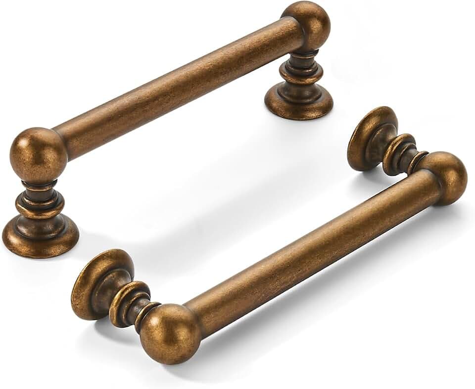 khtumeware 2 Pack 3-3/4 inch(96mm) Hole Center Antique Brass Cabinet Pulls Solid Heavy-Duty Kitchen Cabinet Hardware for Drawers Dressing Table Bathroom Handle