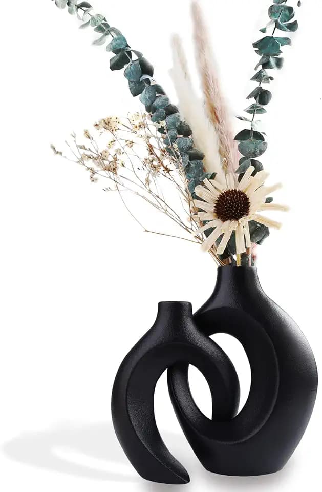 Schwarz Matt Keramik Vase Für Pampasgras - Nordic Ring Form Modern Deko Blumenvase Für Wohnzimmer, Schlafzimmer, Heimdekoration