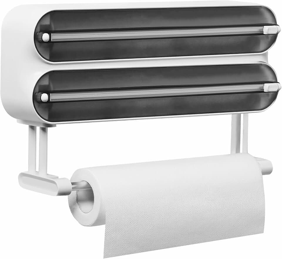 3-in-1 Frischhaltefolienspender mit Küchenrollenhalter - Platzsparender Wandrollenhalter, magnetisch & ohne Bohren, Folienschneider für Frischhaltefolie & Alufolie - Saubere Schnitte, Schwarz