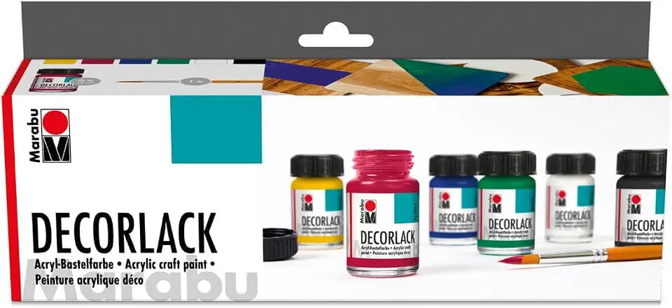 Marabu 1130000000087 - Decorlack Acryl Starter Set, hochglänzender Acryllack auf Wasserbasis, wetterfest, speichelecht, zum Malen, Schablonieren und für Serviettentechnik, 6 x 15 ml Farbe und Pinsel