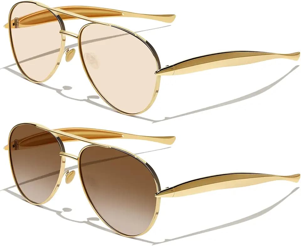 Gold Trendy Aviator Sunglasses for Women Men, Retro 2025 Metal 70s Oversized Sun Glasses