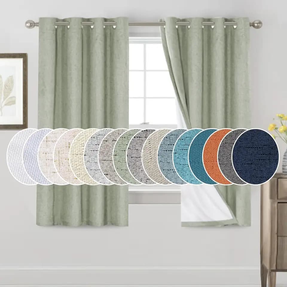 PrinceDeco 100% Blackout Linen Curtains 63 Inches Long 2 Panels Thermal Insulated Burlap Curtain with White Liner Grommet Room Darkening Textured Curtains for Bedroom Living Room (52x63 inch,Sage)