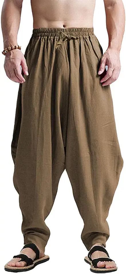 CLANMILUMS Men's Cotton Harem Pants Casual Loose Hippie Drop Crotch Trouser