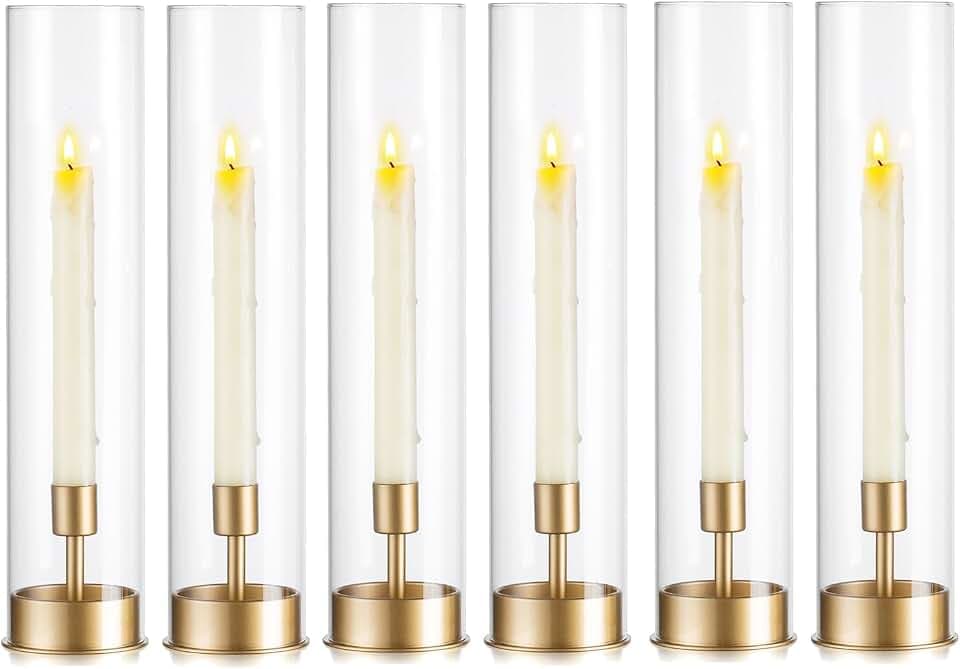 Glasseam Stabkerzenhalter Windlicht Glas, 6er Set Kerzenständer Gold mit Glaszylinder, Metall Kerzenhalter für Stabkerzen Hochzeit, Modern Hoch Windlichter Weihnachten für Wohnzimmer Haus Tischdeko