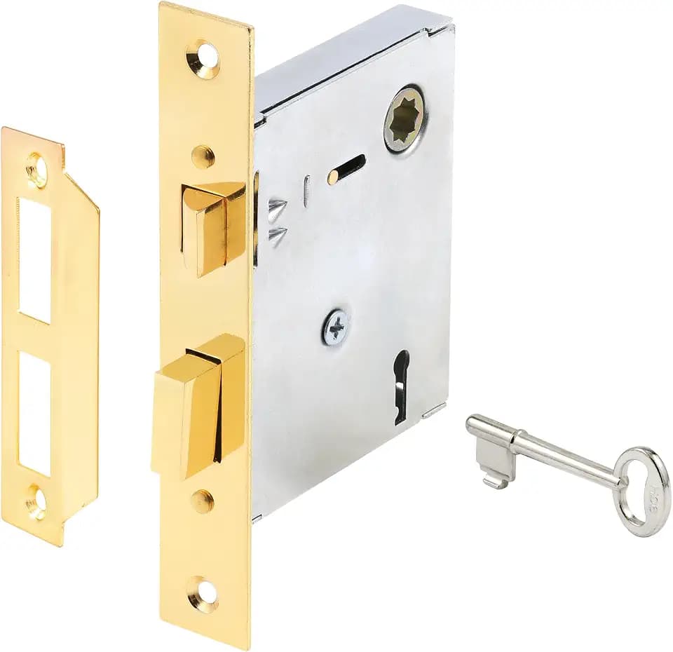 Prime-Line E 2294 Vintage Style Indoor Mortise Lock Assembly Kit Cast Steel, Brass Plated Finish, Antique Skeleton Key 2-3/8" Backset, 1/4" Max Square Spindle - Reversible Latch Bolt (Single Pack)