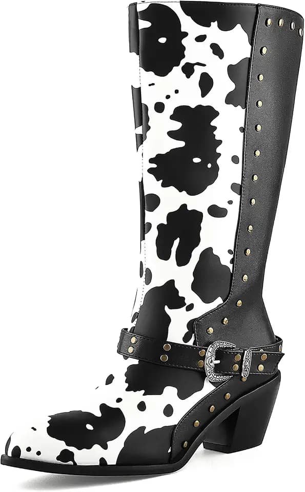 Cozivwaiy Cow Print Boots Women Studded Mid Calf Buckle Biker Boots Chunky Heel Zipper