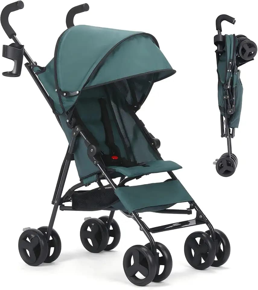 Einhändig klappbarer, leichter Kinderwagen, großer Aufbewahrungskorb, Verdeck, Getränkehalter, kompakter Regenschirm-Kinderwagen, robuster Rahmen, Reise-Kinderwagen für Flugzeuge 6-36M(dunkelgrün)
