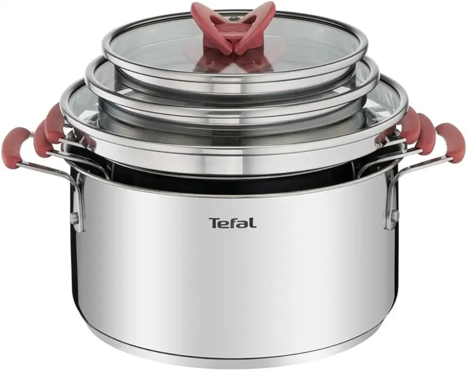 Tefal Optispace Set mit 3 Töpfen + 3 Zubehörteilen, Edelstahl | 3 Töpfe 18/20/24 cm + 3 Deckel, Antihaftbeschichtung, stapelbares Design, Thermo-Spot, induktionsgeeignet