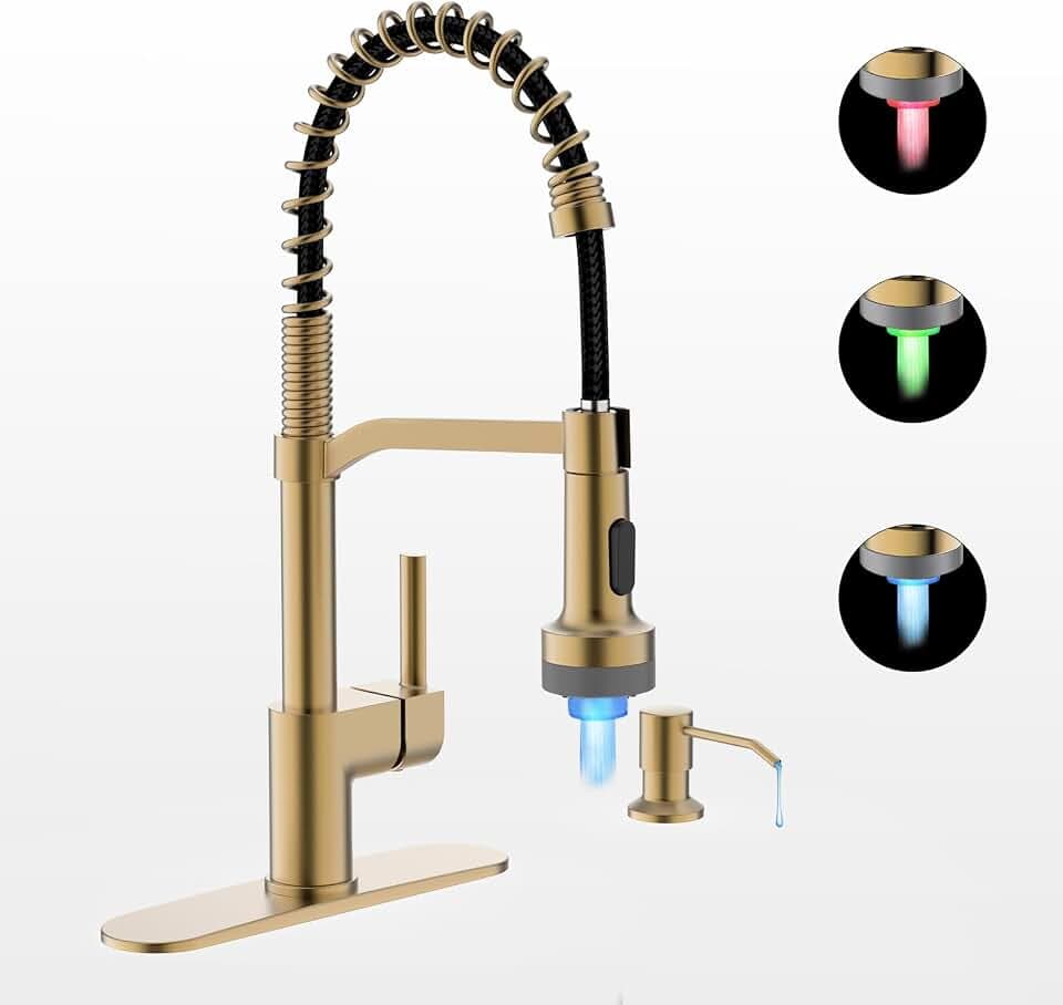 LED Kitchen Faucet with Soap Dispenser, Gold Kitchen Faucet, Faucet for Kitchen Sink, Single Handle Stainless Steel Camper Farmhouse RV Sink Faucets with Pull Down Sprayer